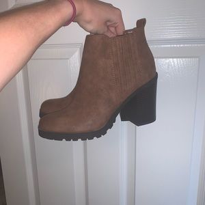 Brown booties with a 3 inch heel